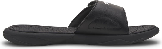 Black sandal with a thick strap.