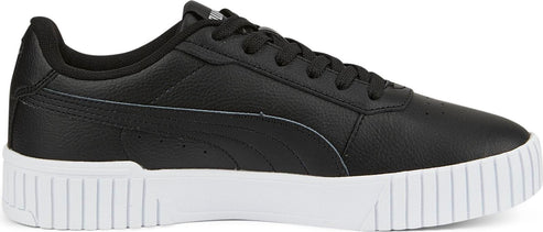 A black Puma sneaker with white soles.