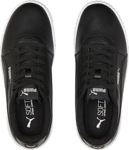 Top-down view of black sneakers with white soles and laces, 'PUMA' and logo visible on the side and insole.
