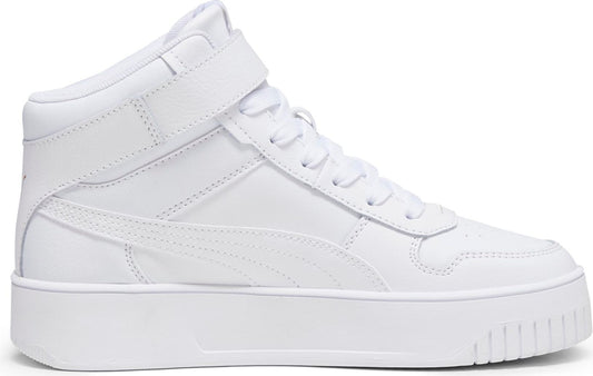 High-top, all-white platform sneaker with a velcro strap.