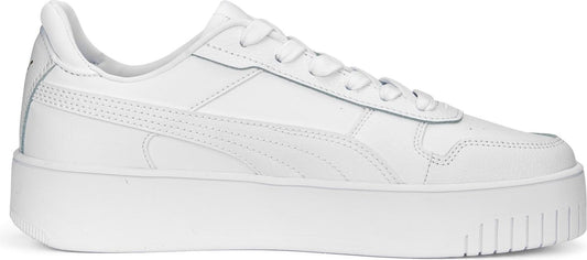 A white low top sneaker with a platform sole.