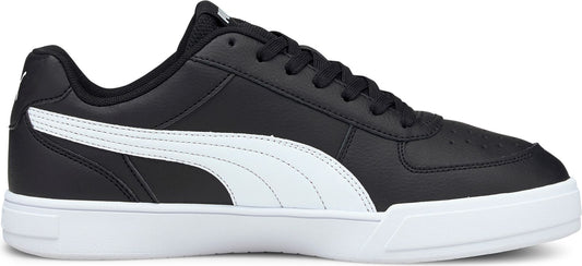 A black and white sneaker with black laces and a white sole.