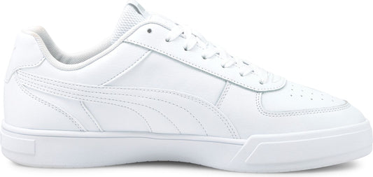 A white sneaker with a low profile and flat sole.