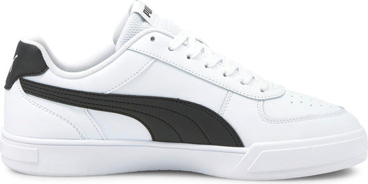 White sneaker with a black stripe and black heel.