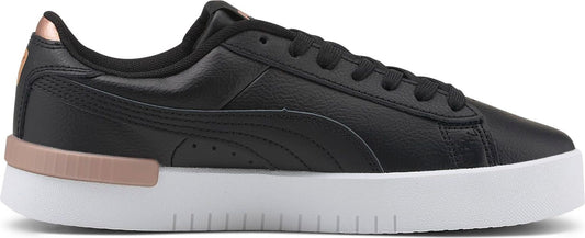 Black sneaker with white sole and light pink accent.