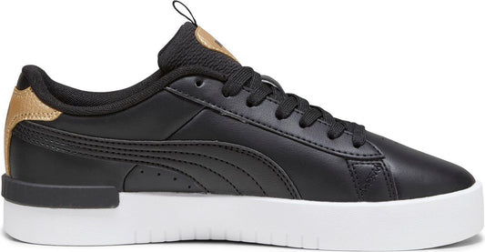 A low-top black sneaker with gold trim and white sole.
