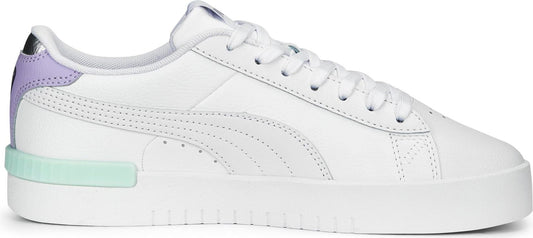 A white sneaker with a flat white rubber sole, laces, and a purple and silver accent on the heel.