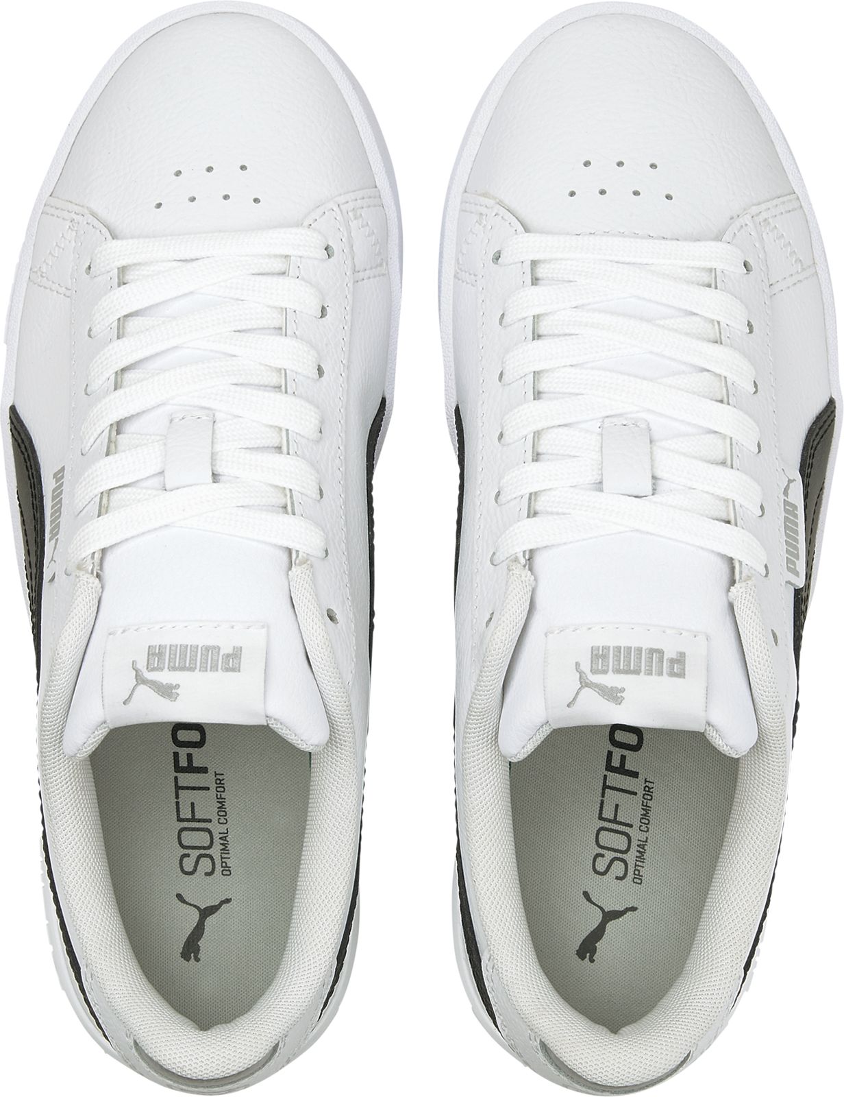 Two white sneakers with laces and the word "SOFTFOAM" printed inside.