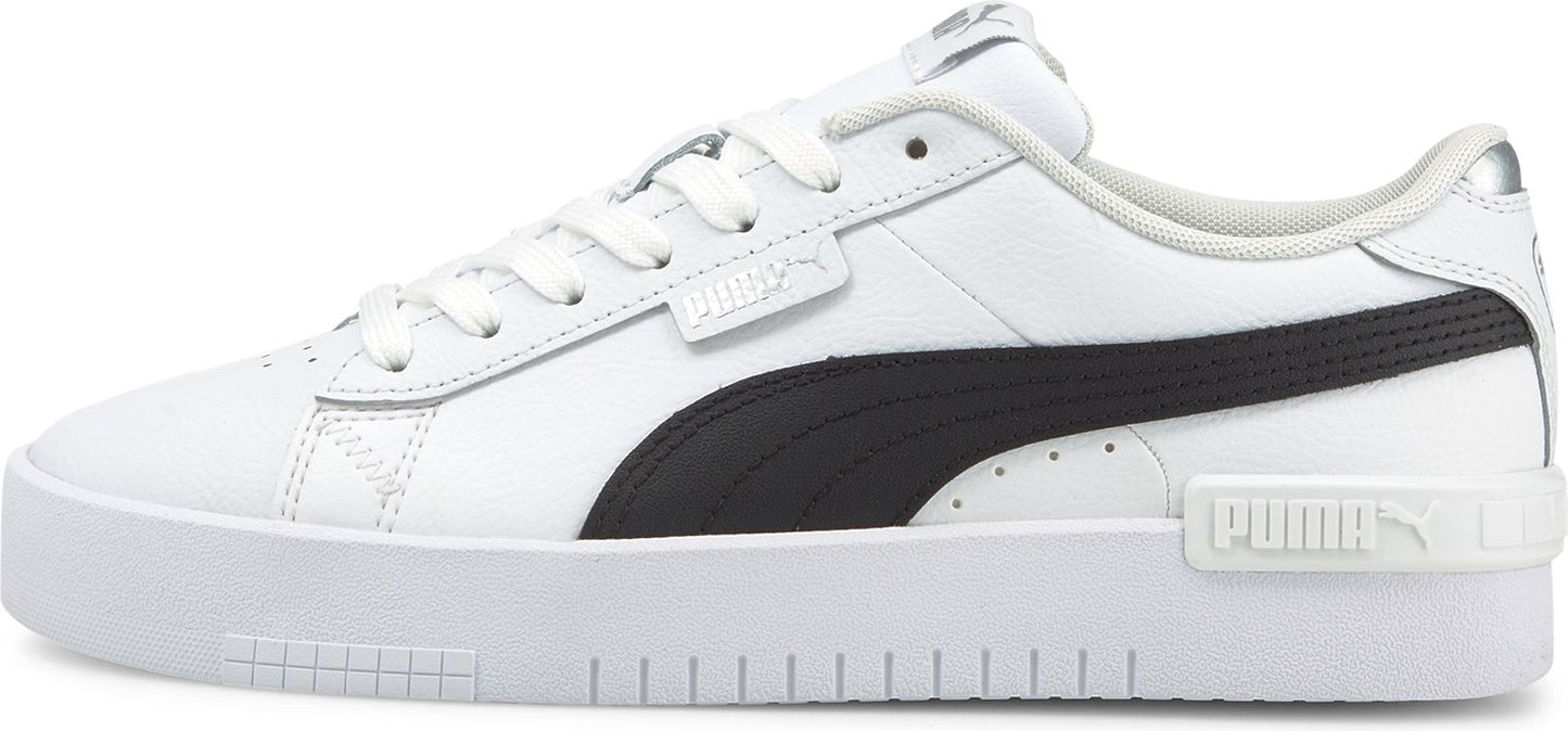 A white leather sneaker with a black stripe and white laces.