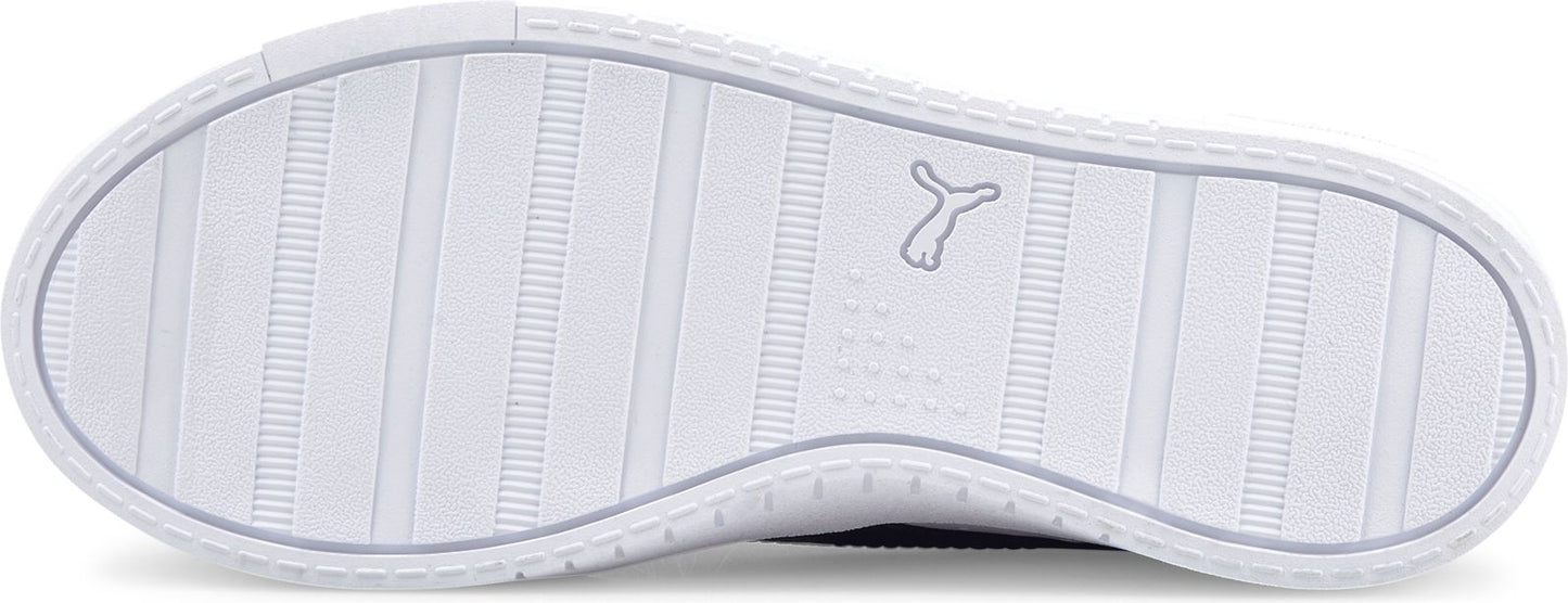 A white shoe sole with horizontal and vertical patterned treads, and a leaping cat logo.