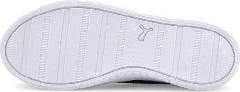 A white shoe sole with horizontal and vertical patterned treads, and a leaping cat logo.