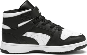 Black and white high-top sneaker with laces and velcro strap.