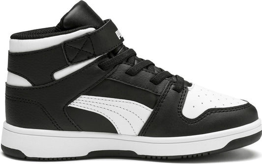 Black and white high-top sneaker with laces and velcro strap.