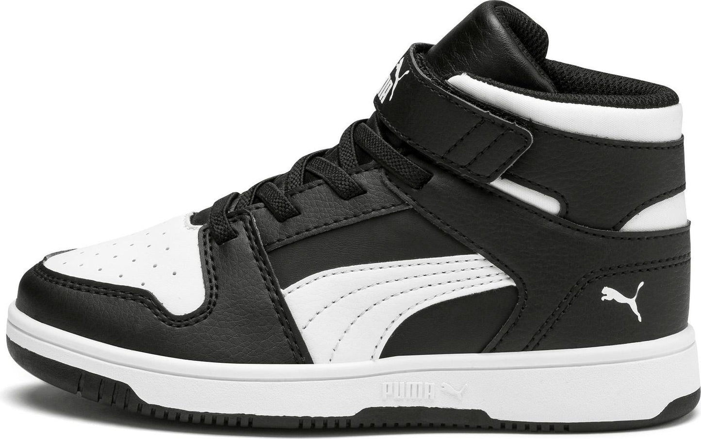 Black and white high-top sneaker with black laces and a white swoosh.