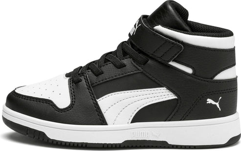 Black and white high-top sneaker with black laces and a white swoosh.