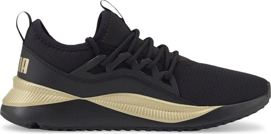Black and gold athletic shoe with a pull tab.