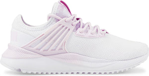 A white sneaker with light purple accents and white laces.