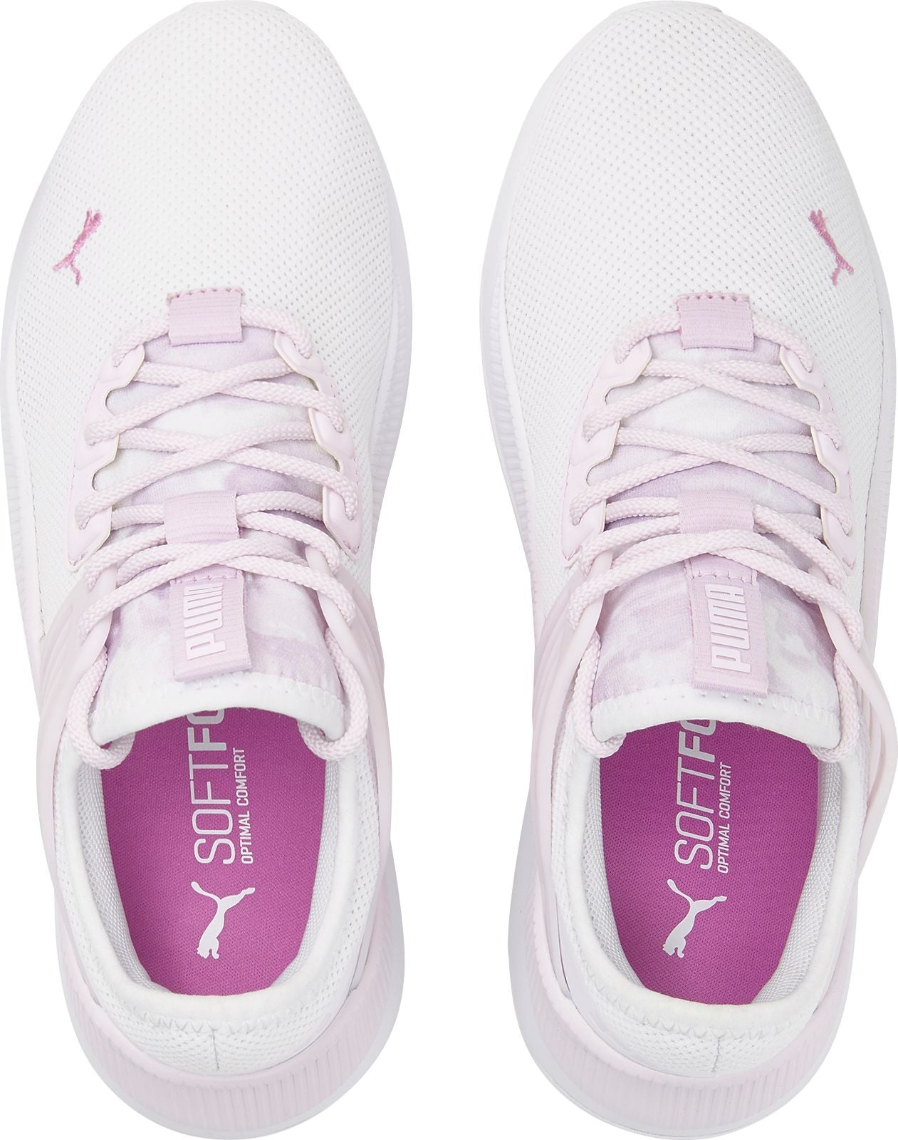 Pair of pink and white sneakers, top view.