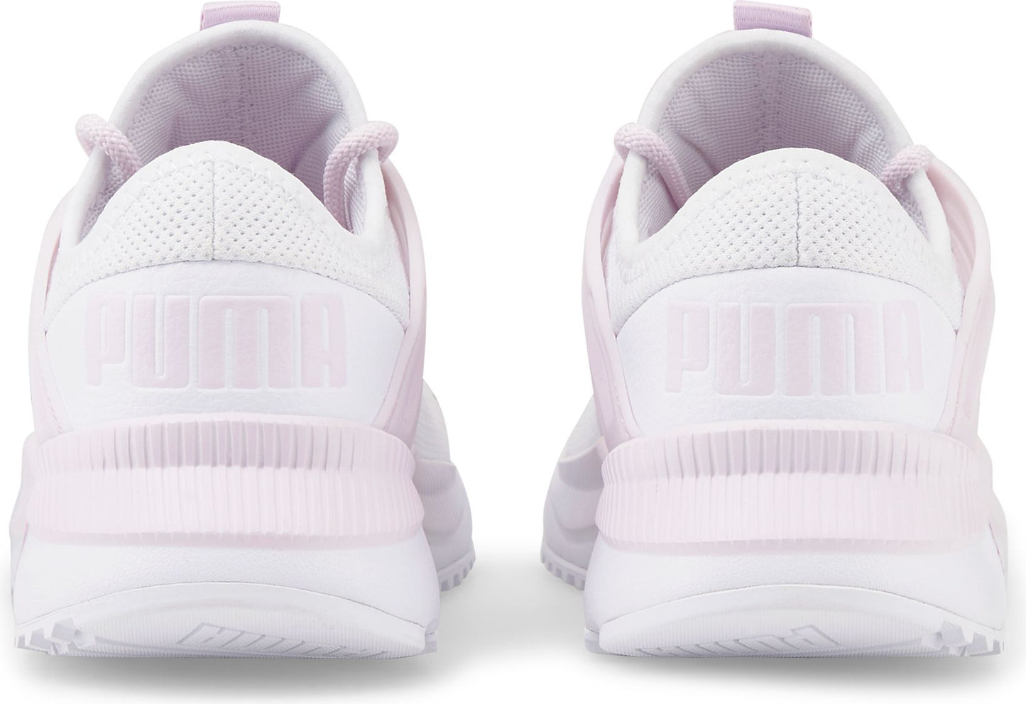 Pair of white sneakers with light purple accents, back view.