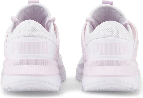 Pair of white sneakers with light purple accents, back view.