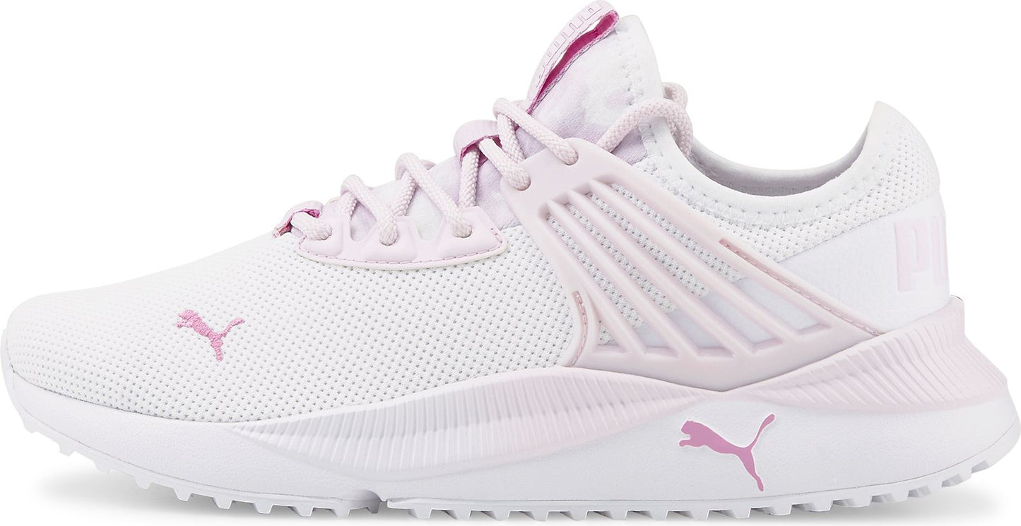 White running shoe with a light purple puma logo.