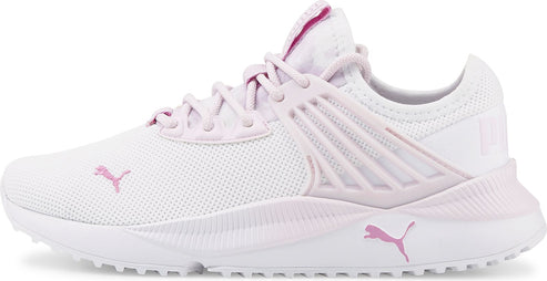 White running shoe with a light purple puma logo.