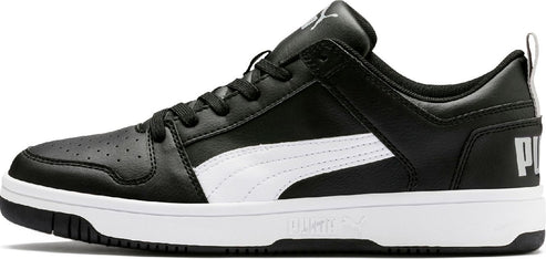 A black and white sneaker with a white stripe.
