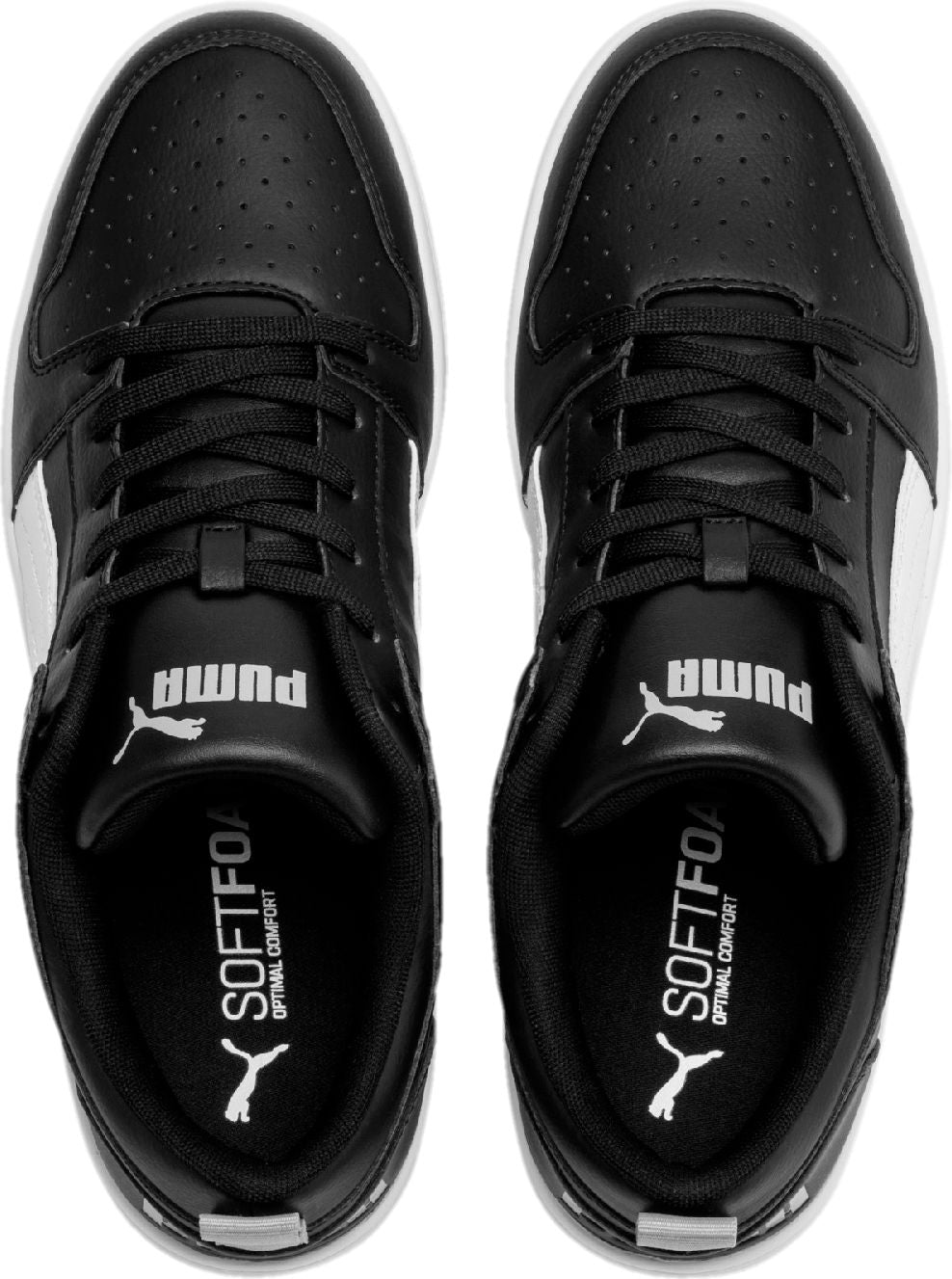 Overhead view of black and white sneakers with white laces. The tongue and insole have white text reading "PUMA" and "SOFTFOAM OPTIMAL COMFORT" respectively.