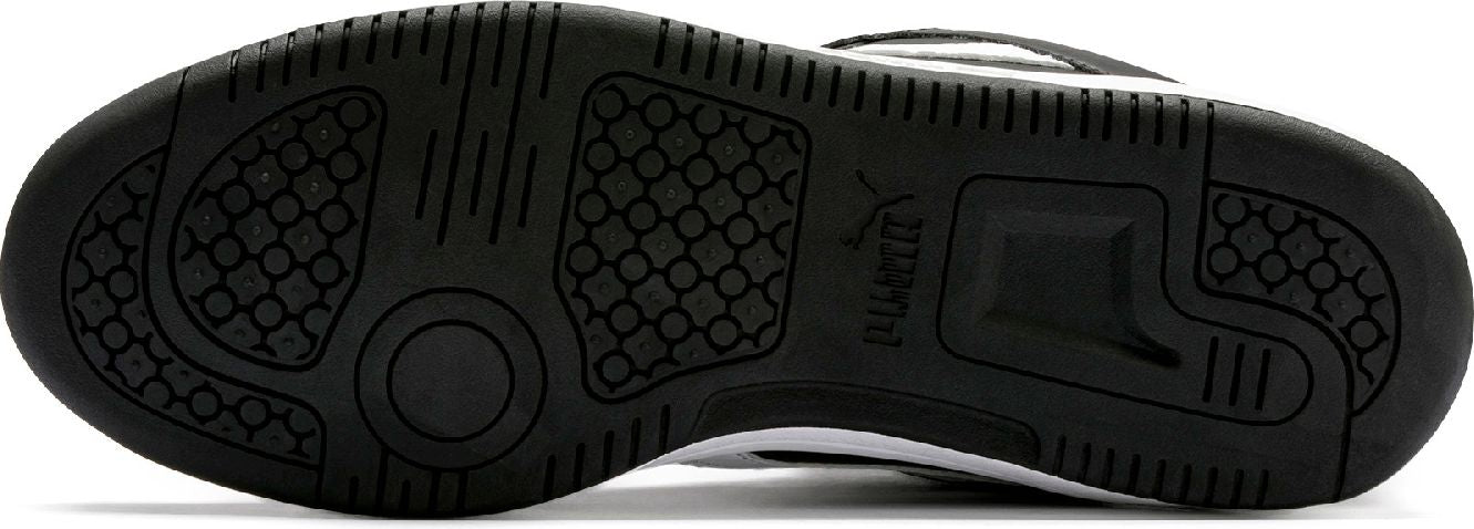 black shoe sole with textured pattern and logo
