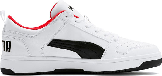 A white sneaker with a black stripe and the letters "PUMA" on the heel.