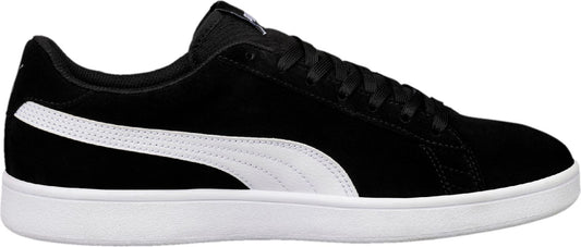 A black sneaker with white stripes and white rubber sole.