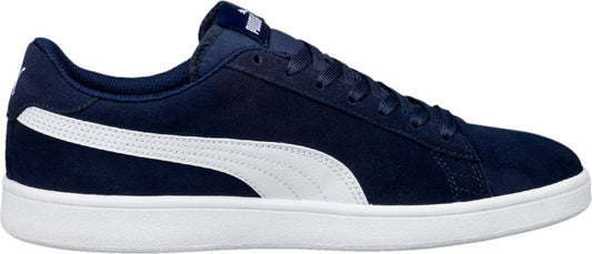 A navy blue sneaker with white sole and stripe.