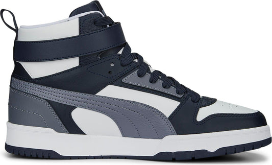 High-top sneaker with white ankle trim, blue toe and blue laces, and a gray stripe logo.