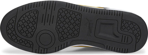 Black sneaker outsole with Puma logo and distinct traction patterns.