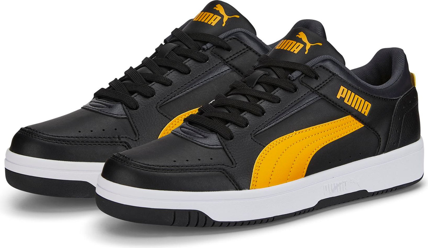 A pair of low-top black sneakers with white soles and orange logo accents.