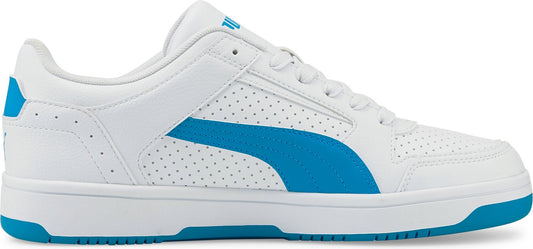 A white and blue sneaker with a white sole.
