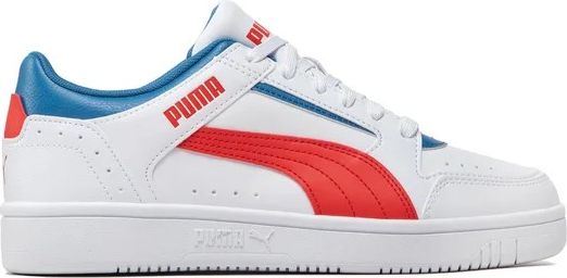 A white sneaker with red and blue accents, featuring the word PUMA in red.
