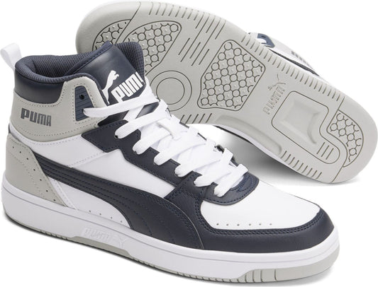High-top sneaker with white, grey, and navy panels; logo on collar; white laces; light-grey sole.