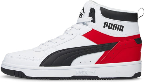 A white high-top sneaker with black swoosh and black on top of the heel, red band around the side and back, and the word PUMA in black.