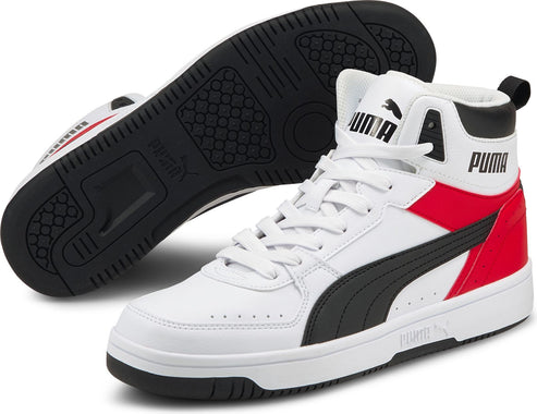 A pair of high-top sneakers, white with black stripe, red accent, and black sole; “PUMA” text on tongue and heel.