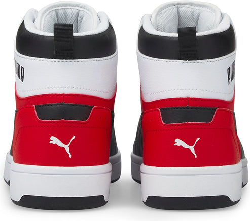 Rear view of two high top sneakers with red, white, and black color blocks, and "PUMA" on the upper.