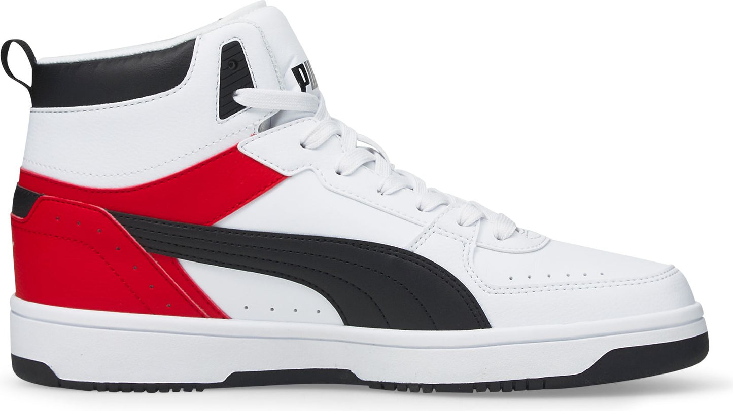 High-top shoe: white body with red and black accents, black soles, and a white lace.