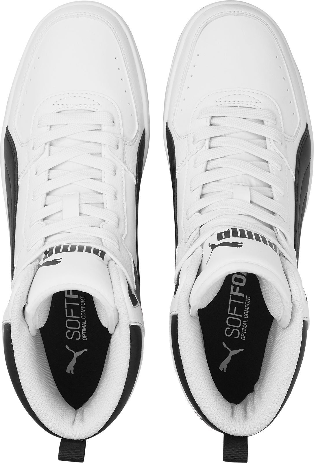 Overhead shot of white high top sneakers with black formstripes; "Puma" and "Softfoam Optimal Comfort" are printed on black insoles.
