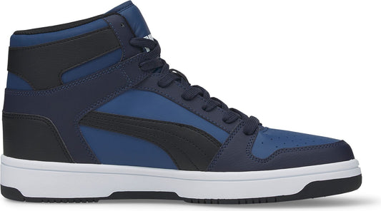 Blue and black high-top sneaker with white sole.