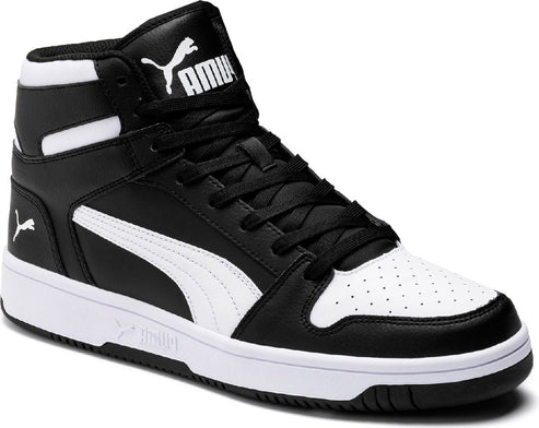 Black high-top sneaker with white stripes and white sole.