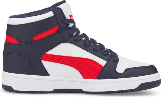 A high-top athletic shoe with navy blue and red accents on a white body.
