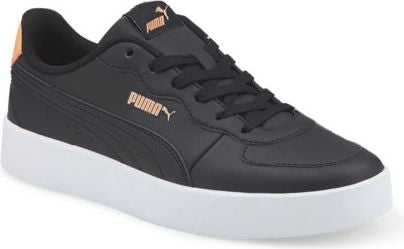 Black sneaker with gold logo on a white sole.