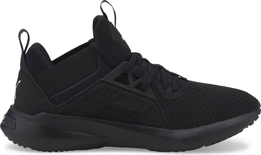 A black athletic shoe with laces and a black sole.