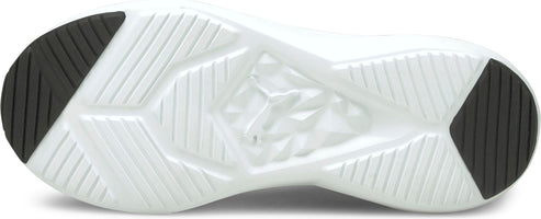 The sole of a shoe has a grooved white texture with black rubber on the heel and toe.