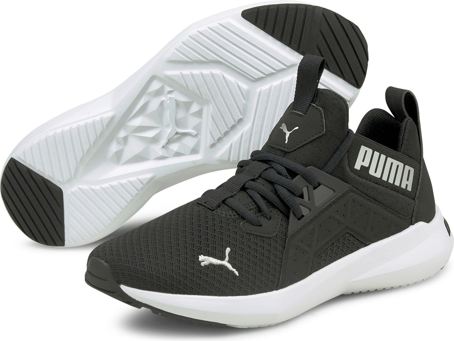 A dark gray athletic shoe with white sole and a logo on the side.